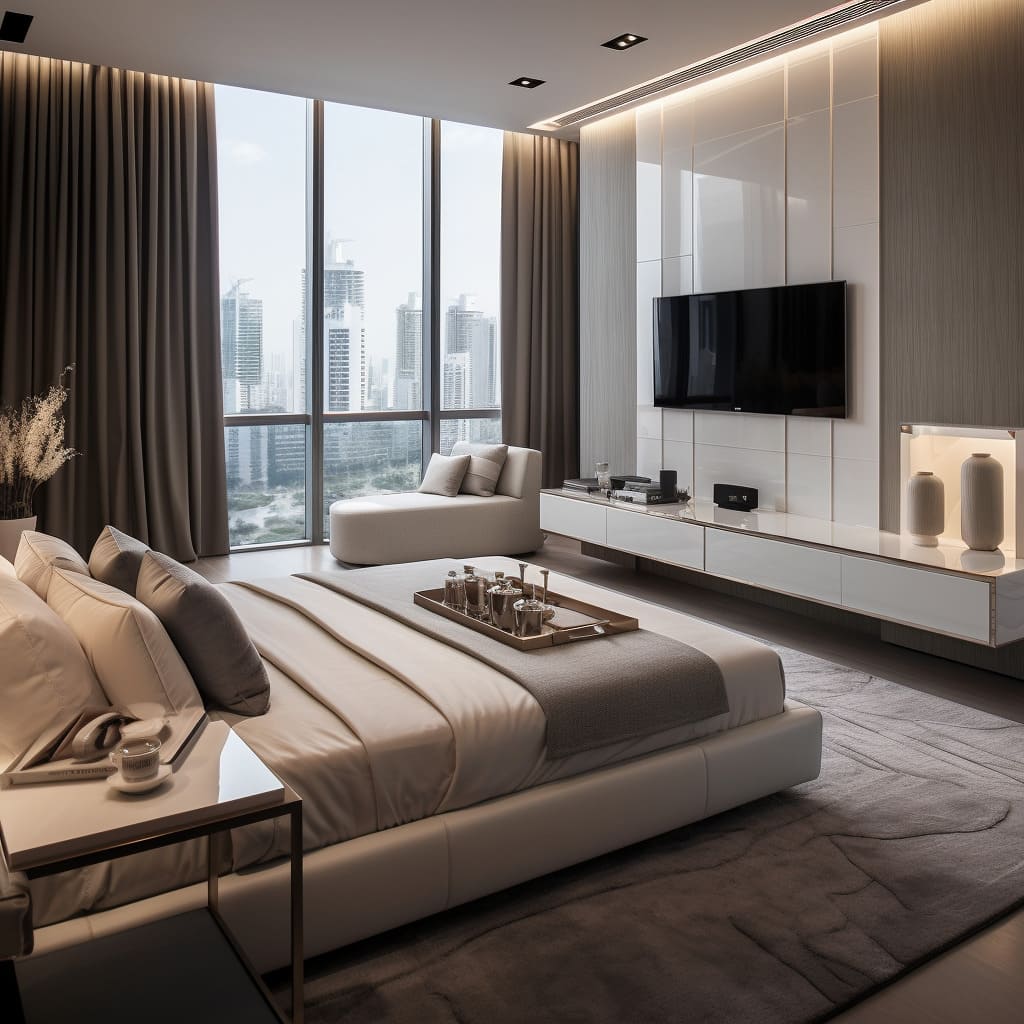 Minimalist interior design creates a serene atmosphere in this spacious bedroom.