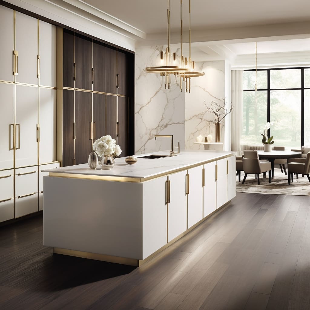 Minimalistic gold cabinet pulls add a modern touch without overpowering the kitchen's traditional warmth.