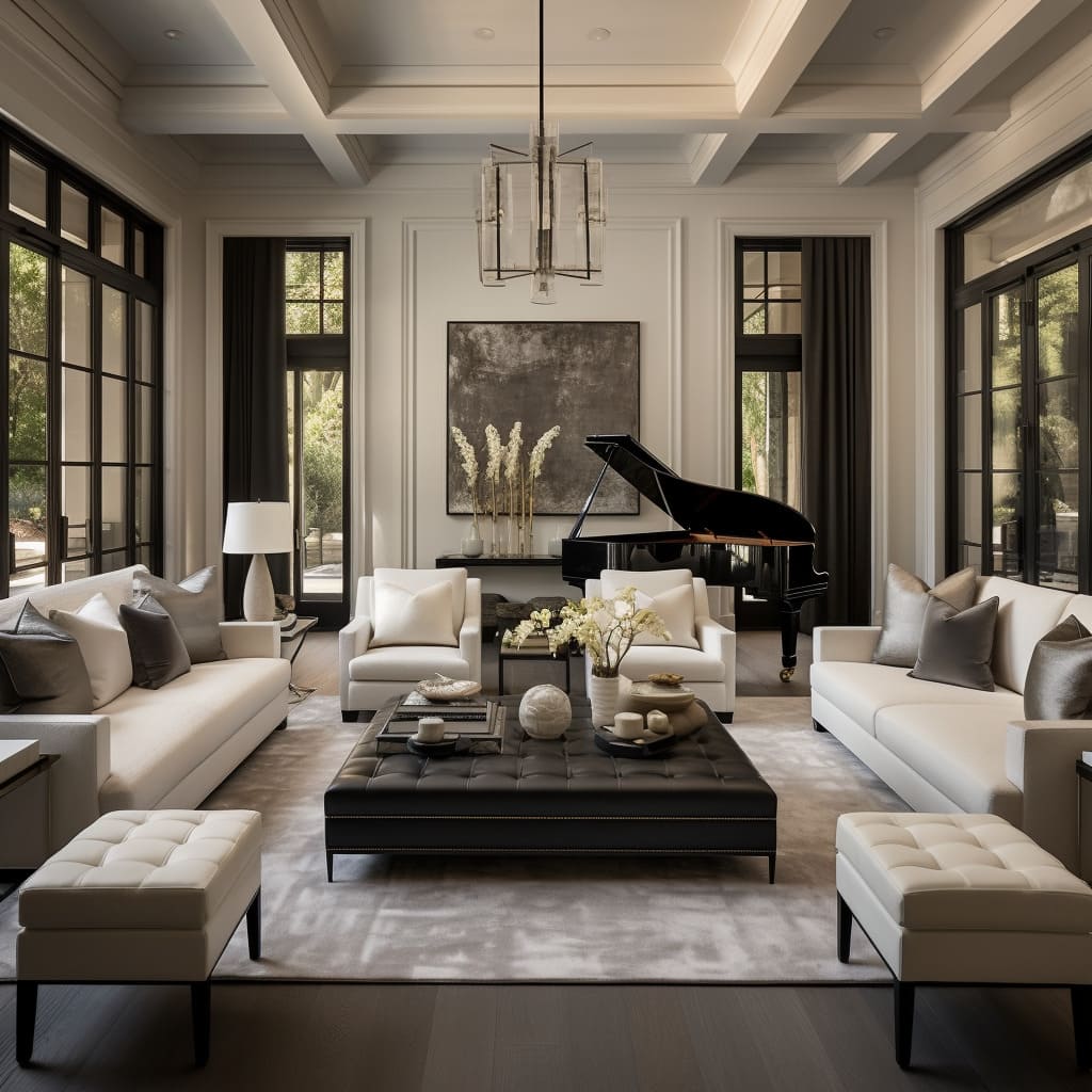 Modern classic furniture and chic accent decor complement the white walls of this sophisticated living room.