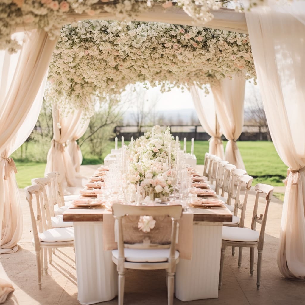 Modern furniture enhances the wedding dining experience under a tent.