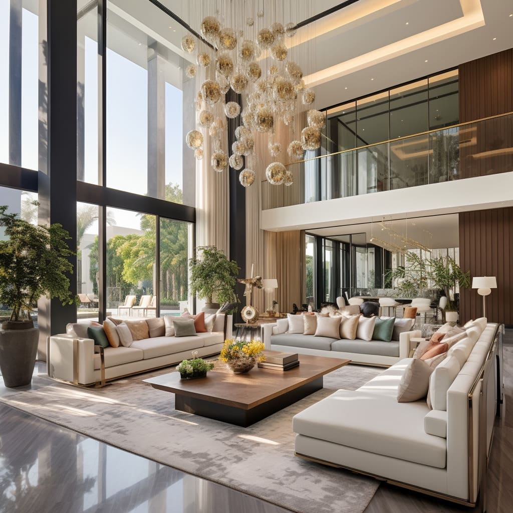 Modern interior accents give this villa's living room a chic and contemporary vibe.
