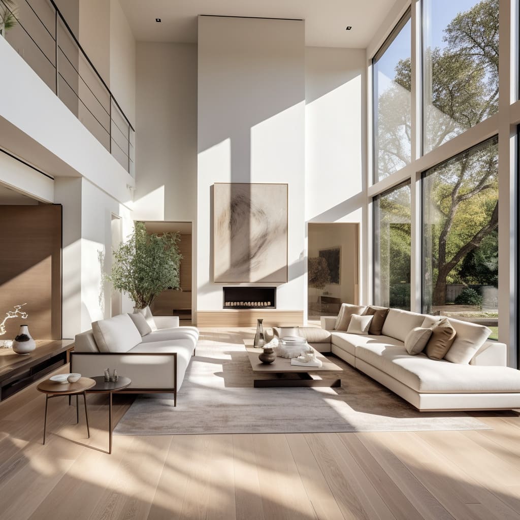 Modular sofas and indoor trees add a unique charm to this modern home's living room.
