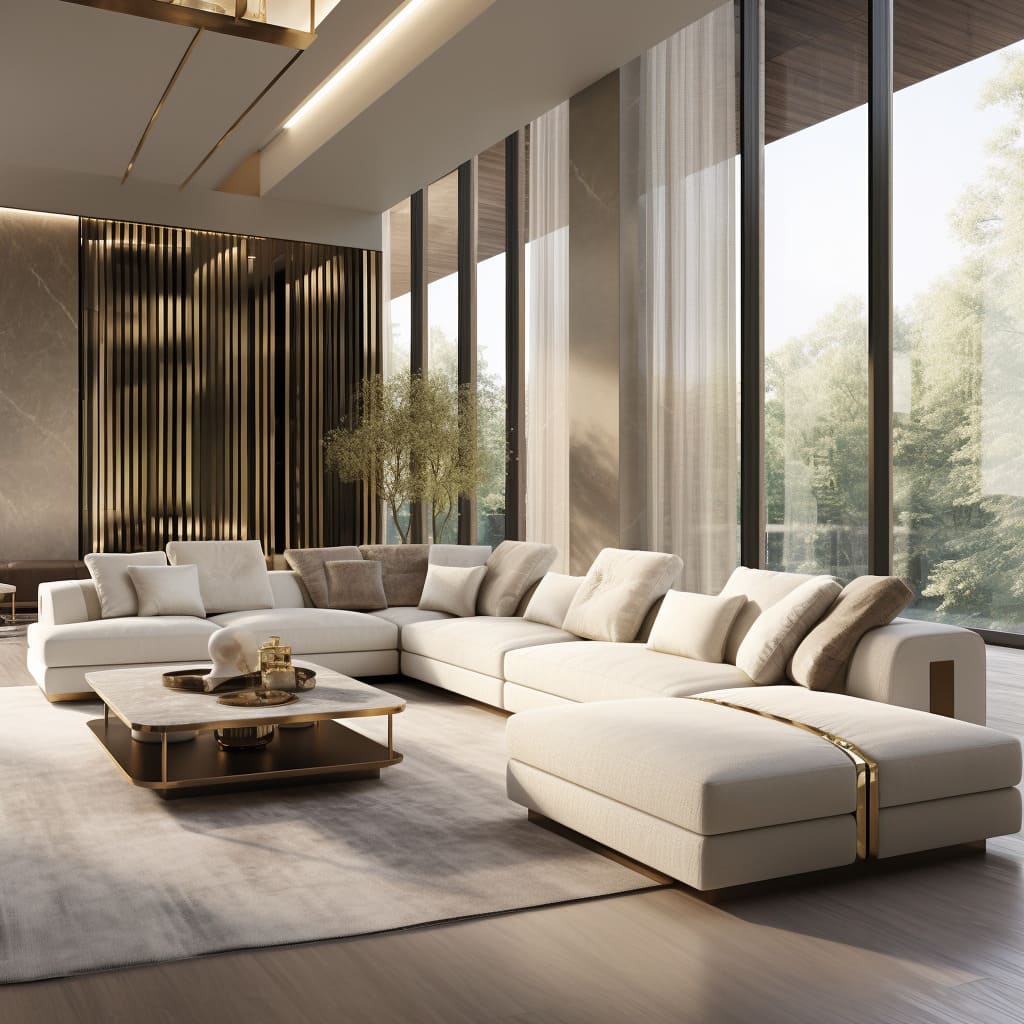Neutral hues dominate the living room's interior, beautifully offset by luxurious brass and copper accents.