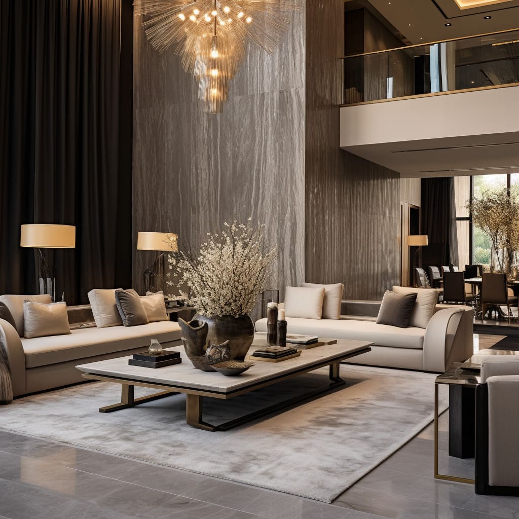 Neutral-toned armchairs in the living room set the stage for a refined interior landscape.
