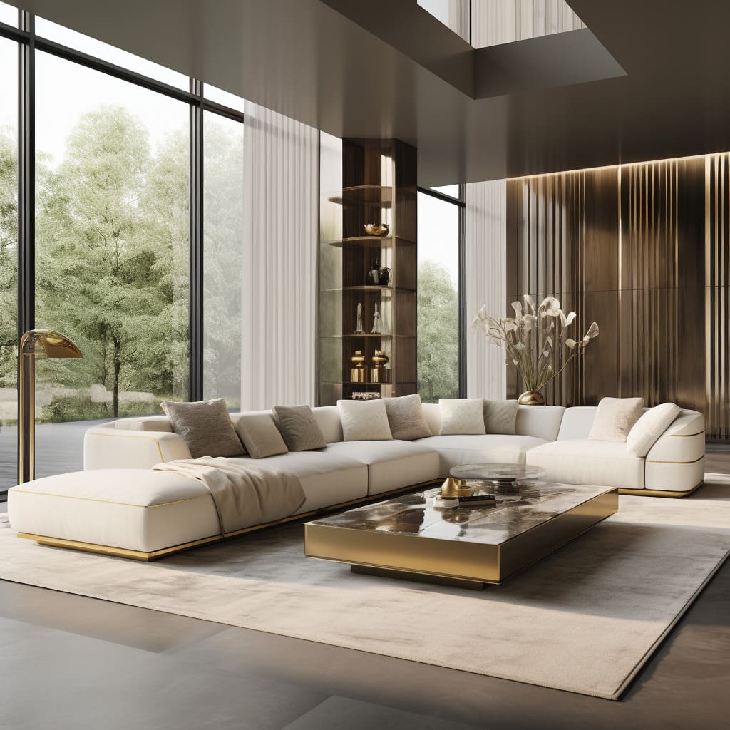 Off-white and beige blend seamlessly in the living room, accented by contemporary brass and copper highlights.