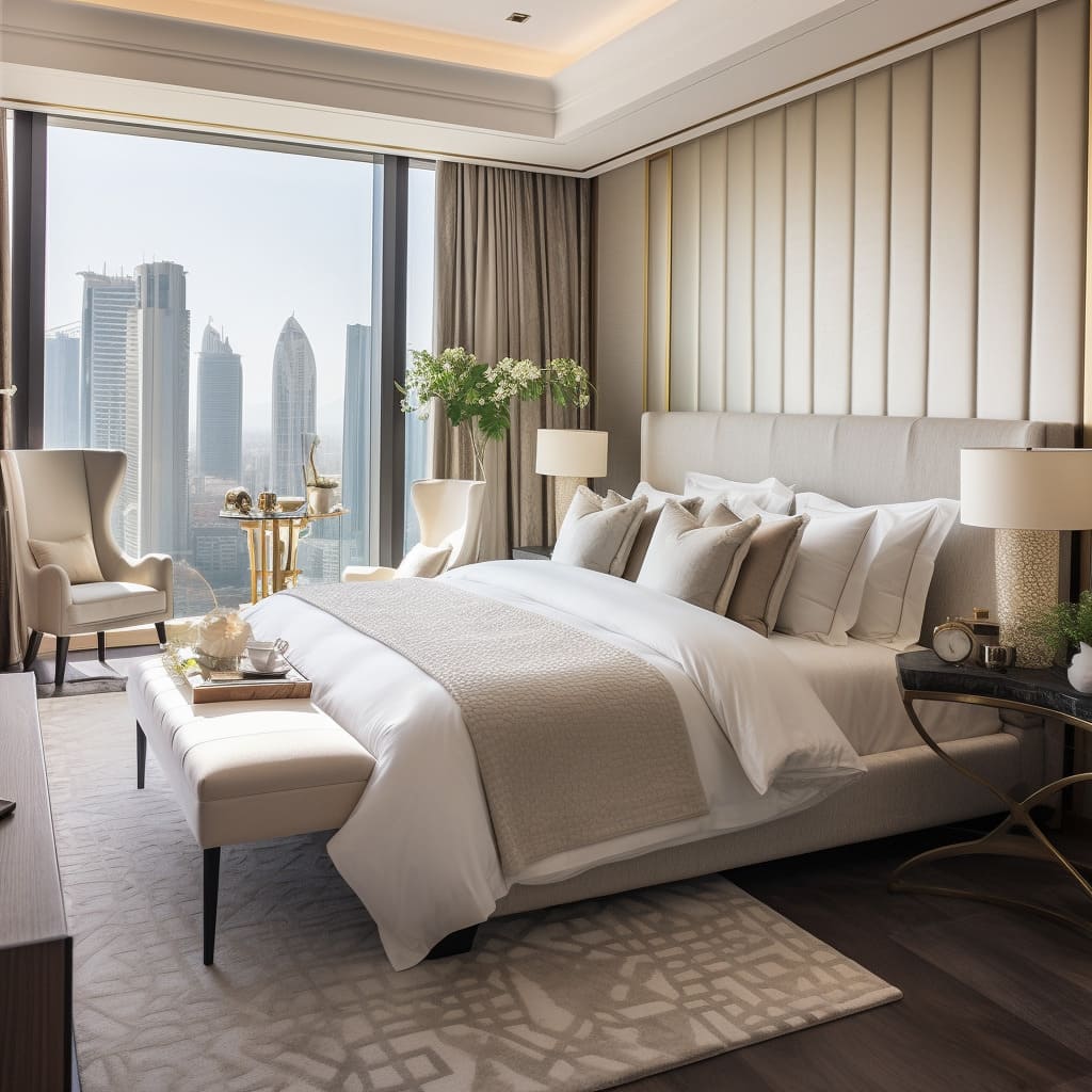 Off-white interior design elements in the master bedroom exude luxury and calm.