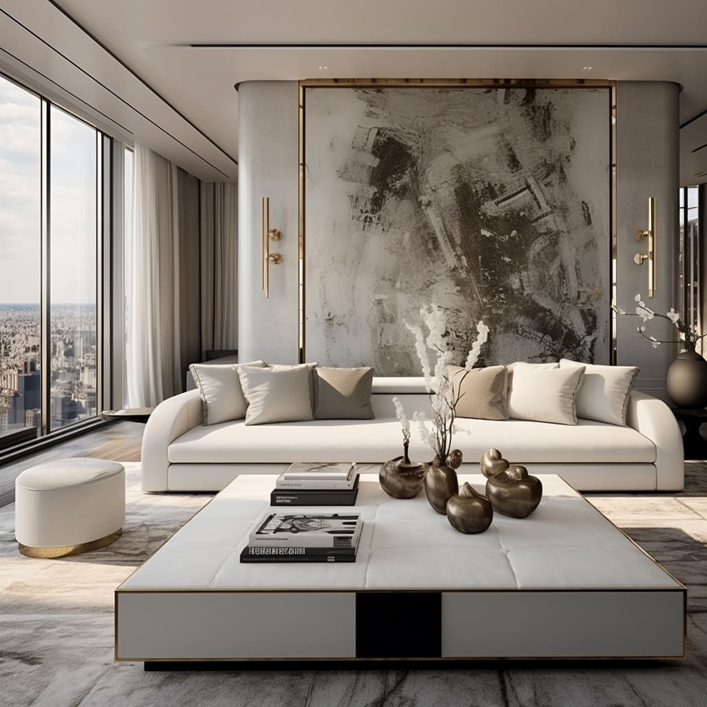 Plush sofas in the living room create a cozy yet luxurious atmosphere in this high-end apartment.