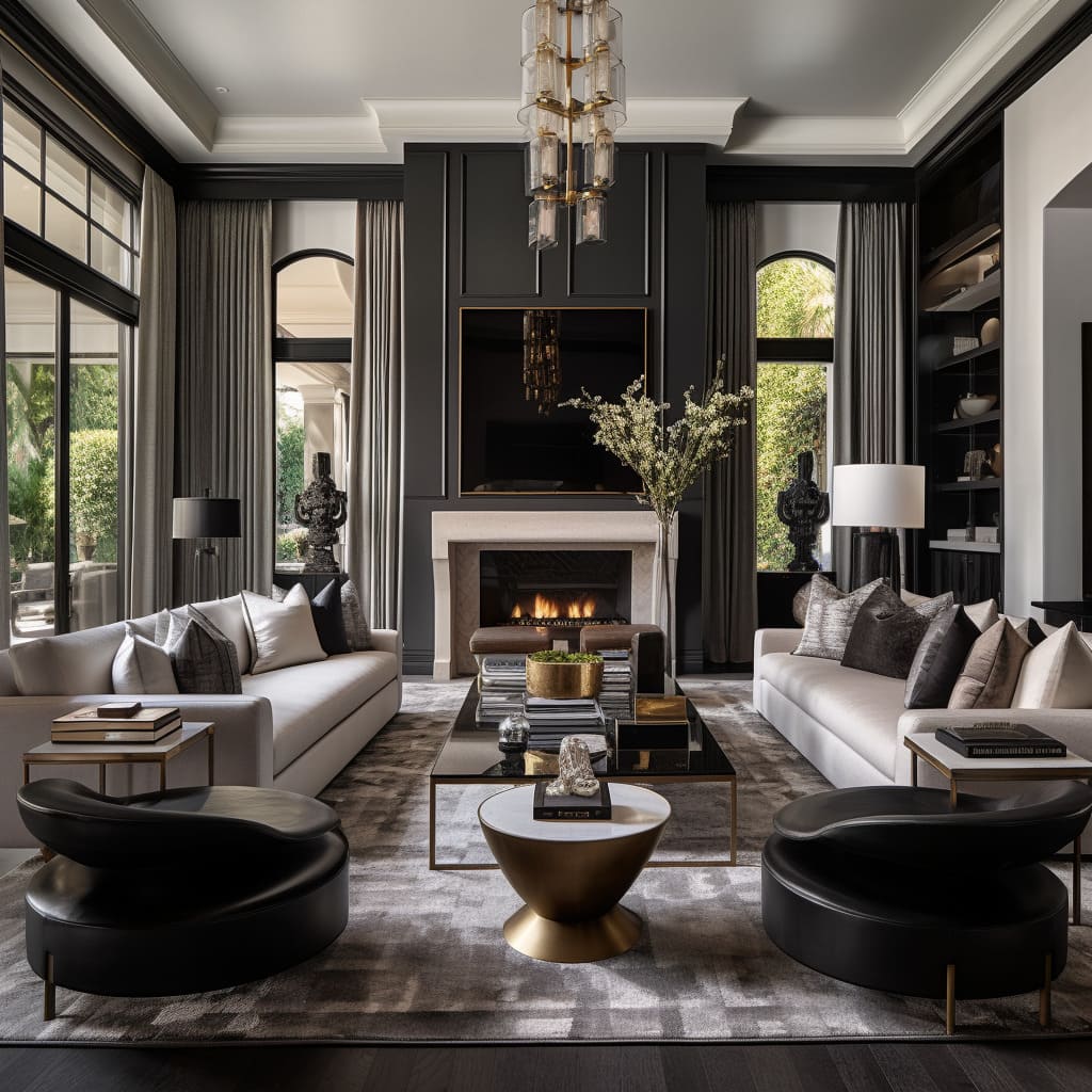 Plush sofas offer comfort in this American living room.