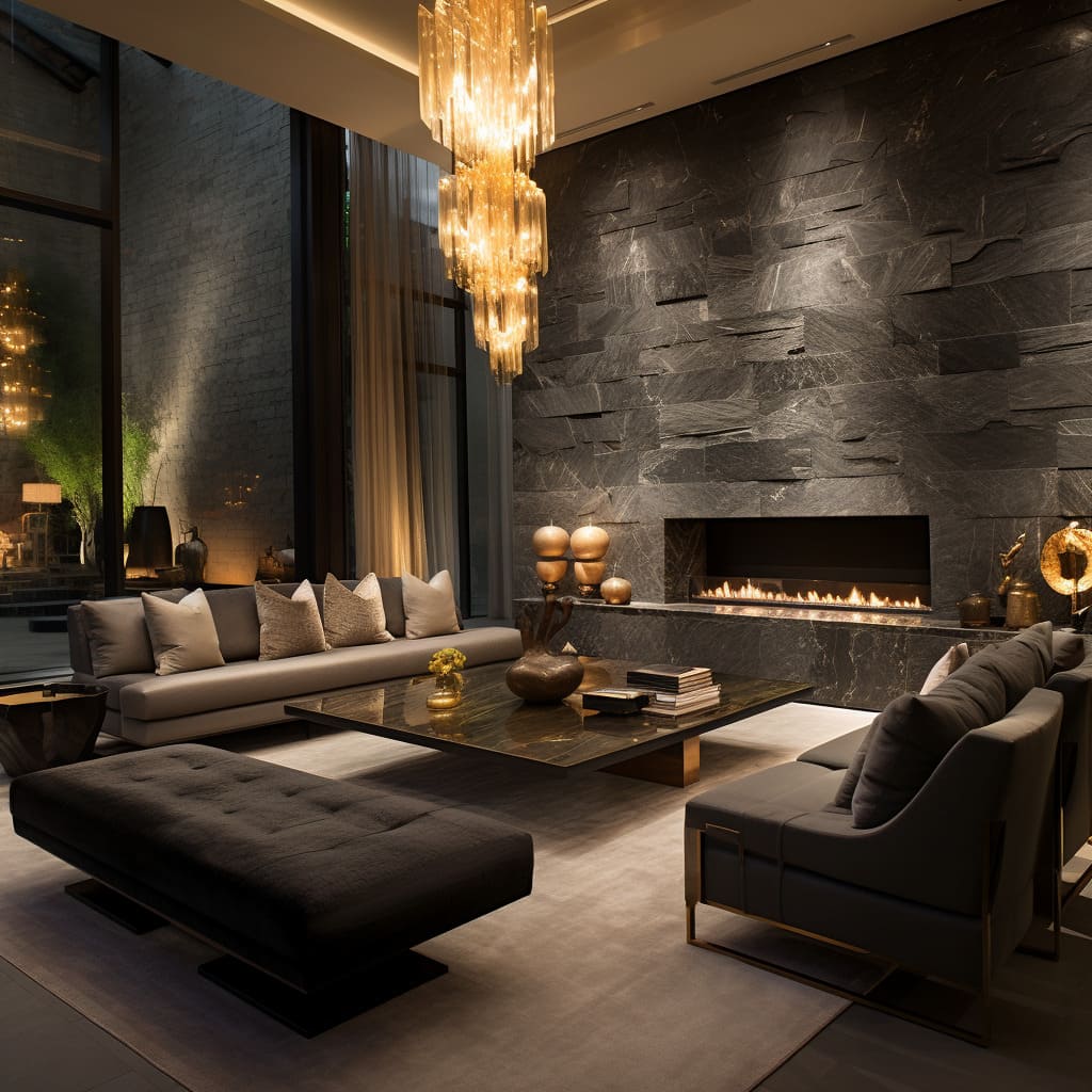Relax on the sofa while enjoying the stone-clad interior design of this living room.