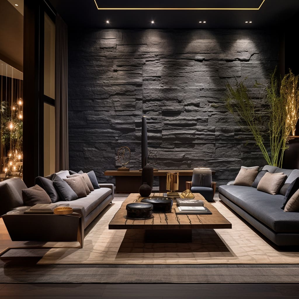 Slate stone cladding adds a touch of sophistication to this living room's interior design.