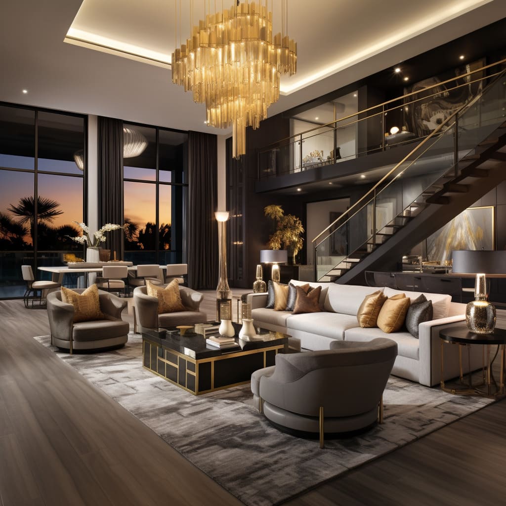 Sleek lines and muted palettes capture the essence of modern luxury in this living room.