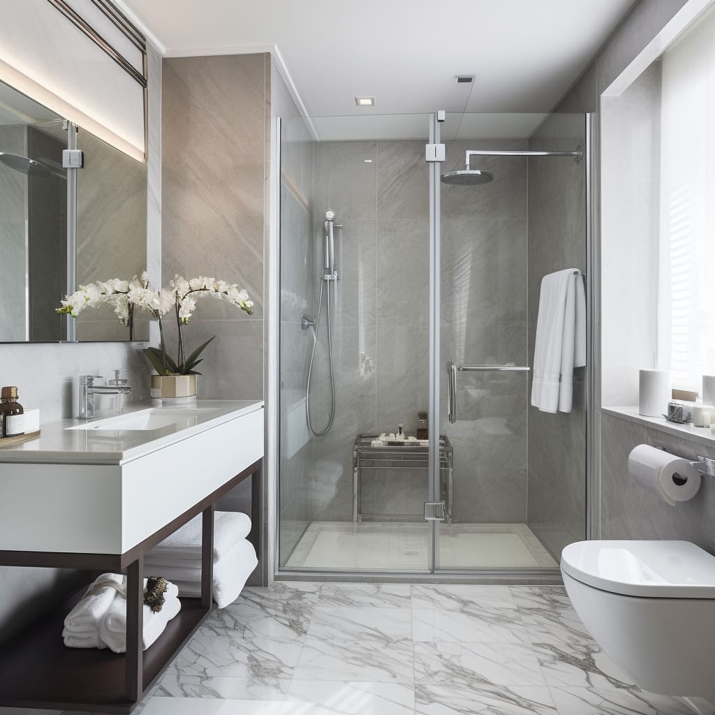 Sleek tiles cover the floor of this modern bathroom, adding a touch of sophistication.
