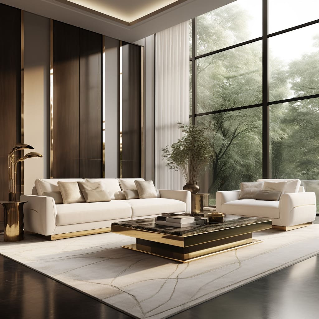 Soft beige tones in the living room furniture create a welcoming and chic environment.