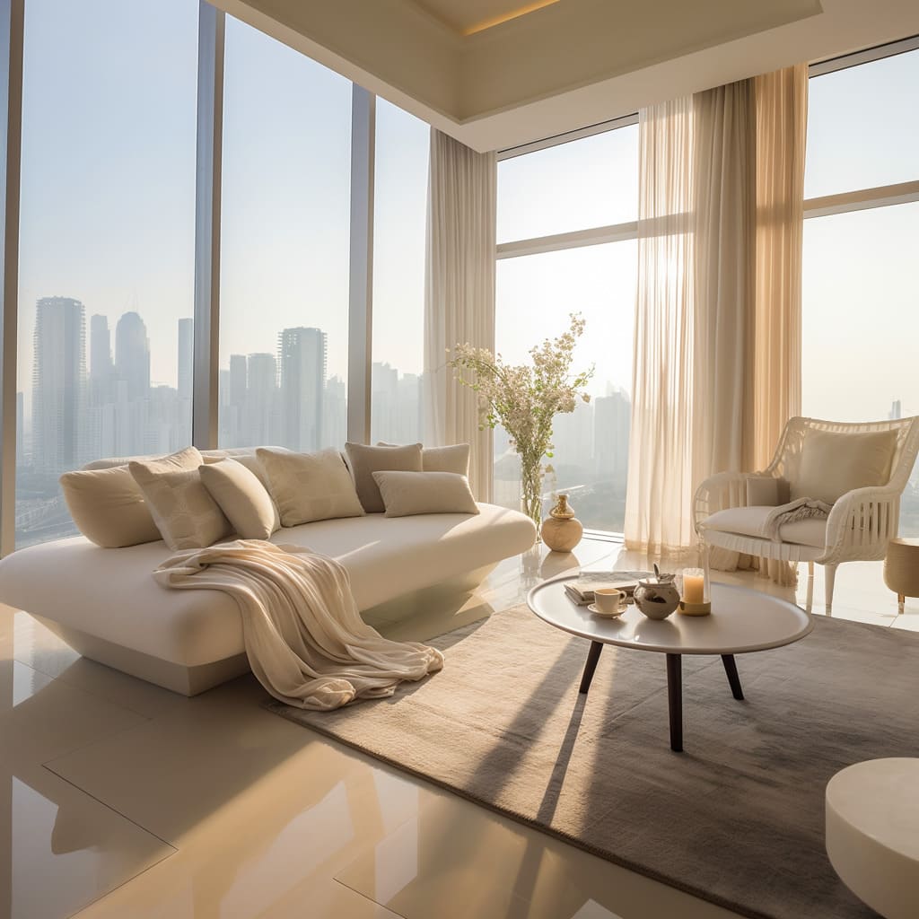 Soft, creamy hues dominate the living space, creating a soothing haven of tranquility.