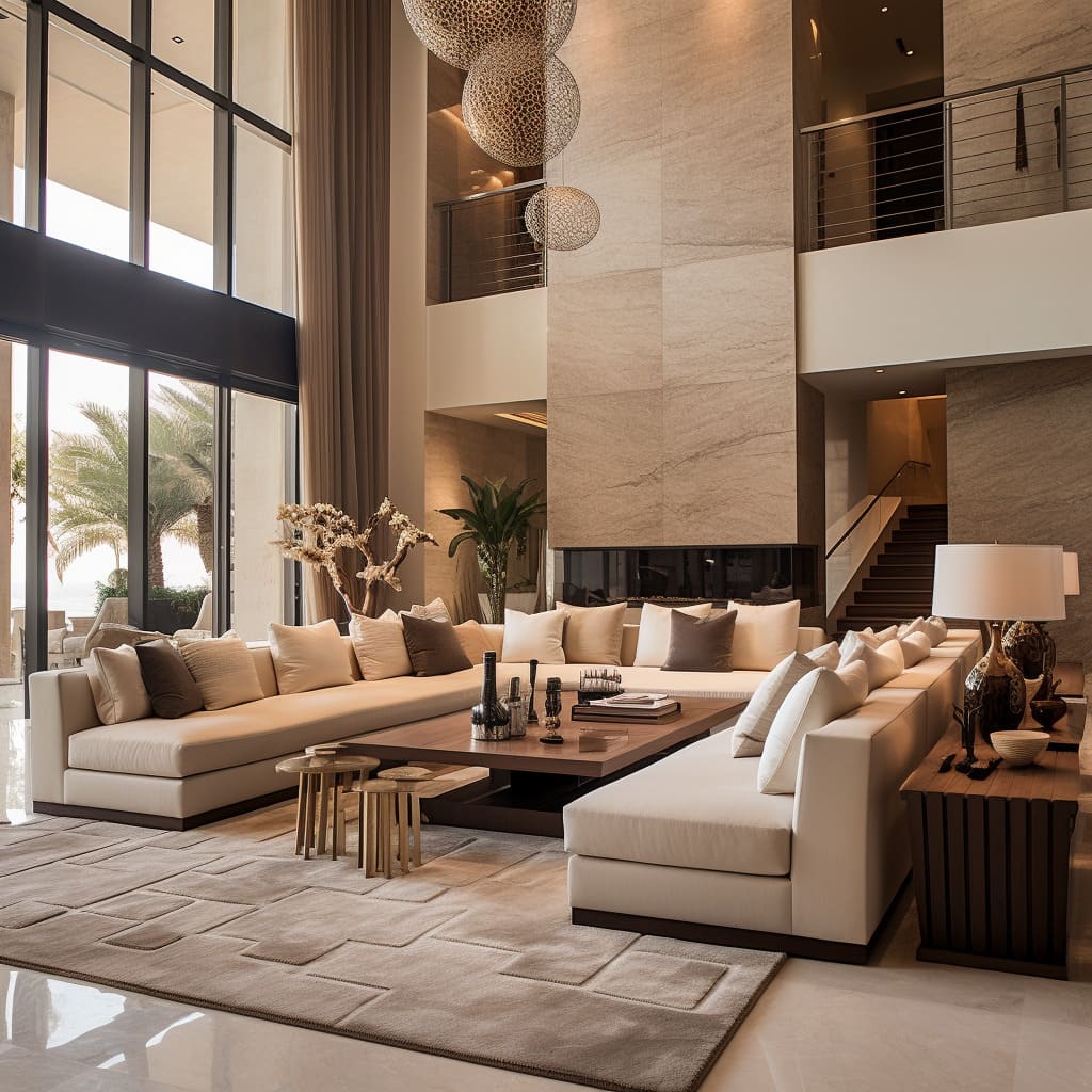 Soft pastels and warm lighting create an inviting atmosphere in this spacious living room.