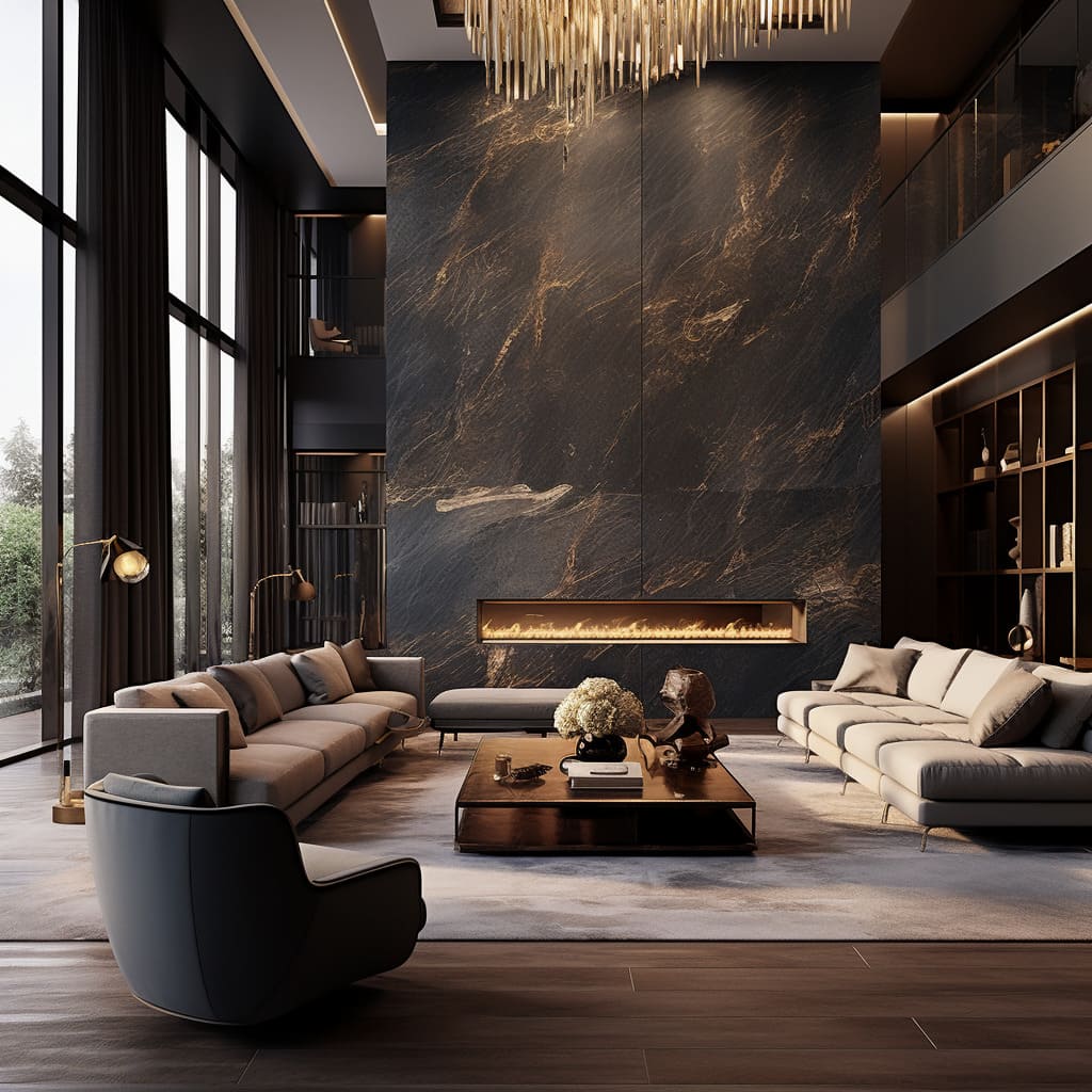 Sophisticated decorations add a personal touch to the stone-clad living room interior.
