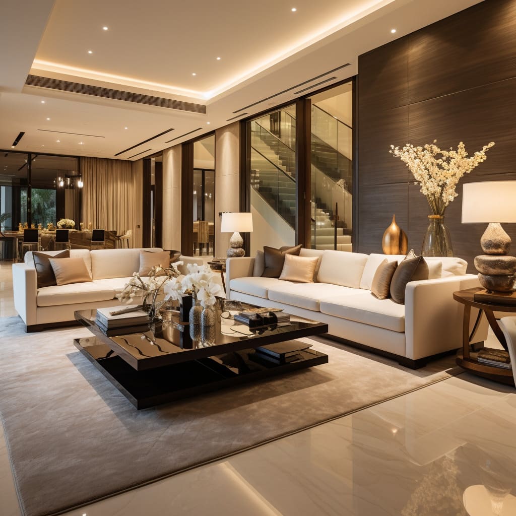Stone accents in the living room add a touch of luxury to the home's modern design.