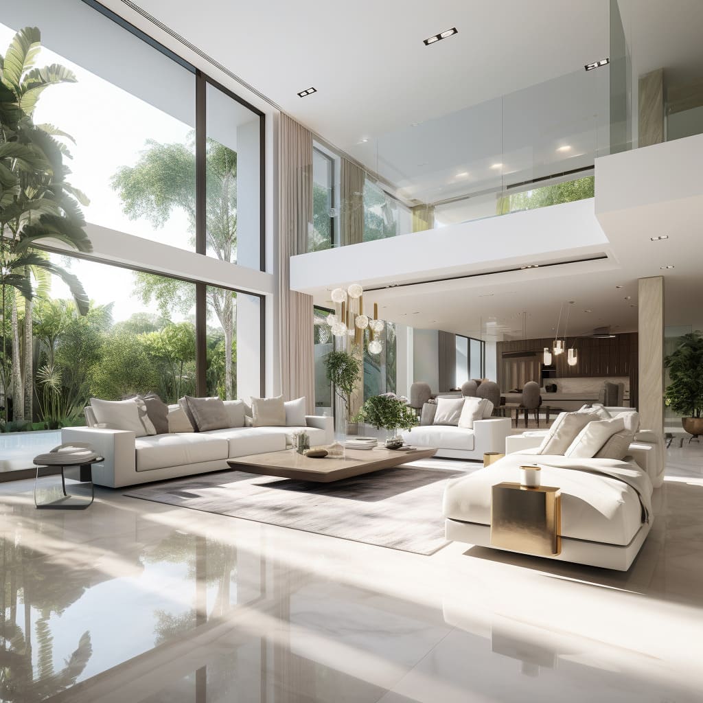 Marble in the living room of this house add a touch of timeless elegance to its modern design.