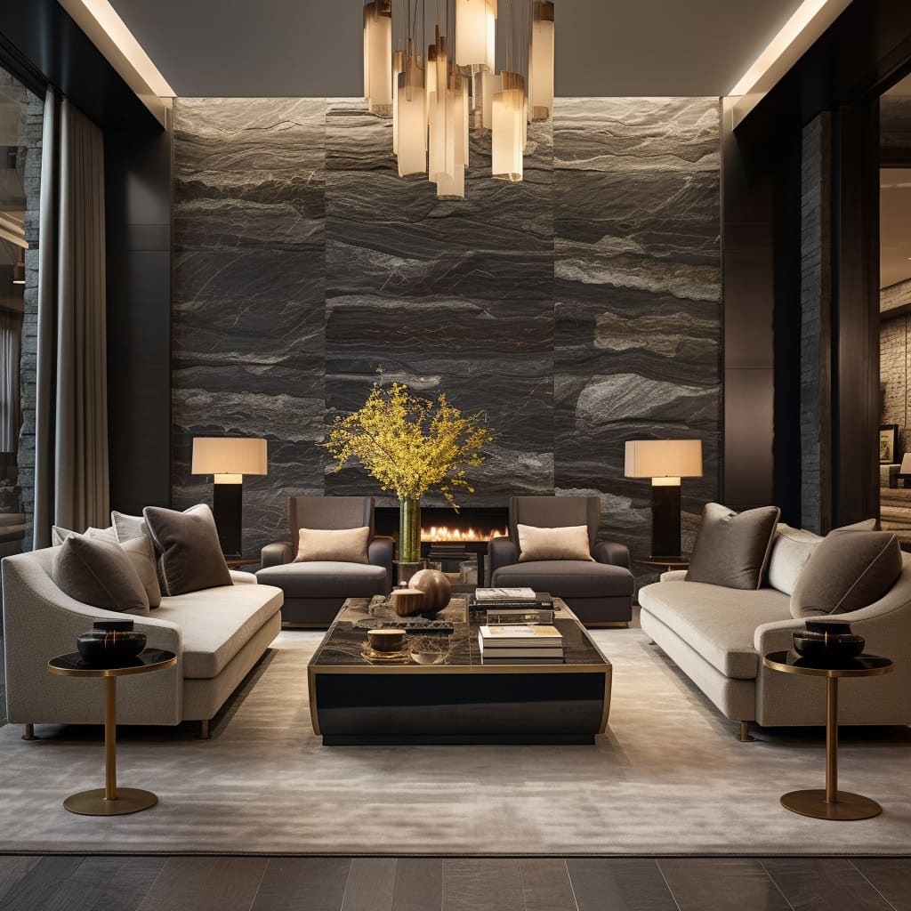 Stone cladding creates a warm and inviting atmosphere in this large living room.