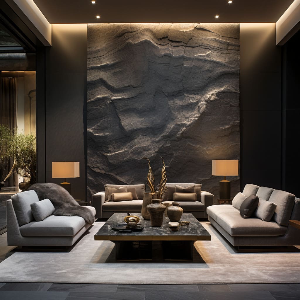 Stone cladding in the living room enhances the interior design's elegance.