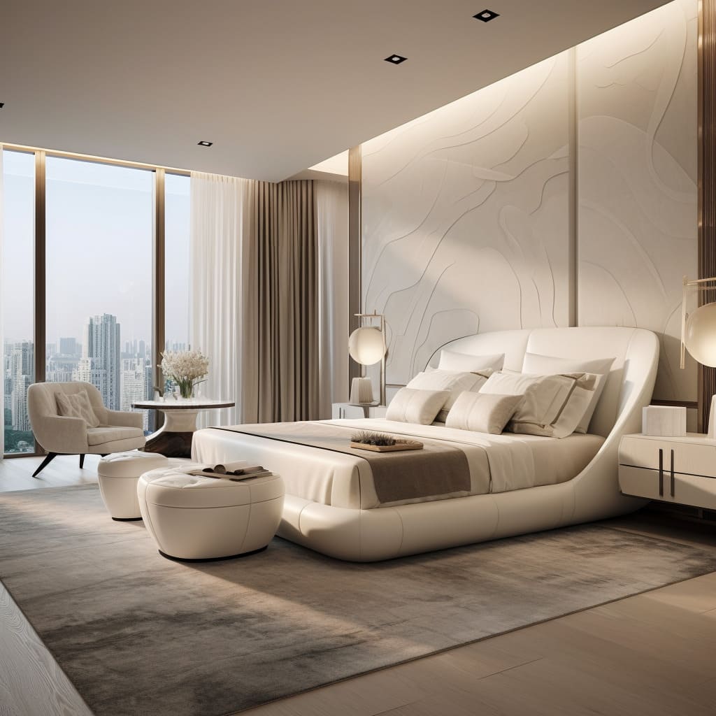 Subtle interior decorations in off-white imbue the master bedroom with sophistication.
