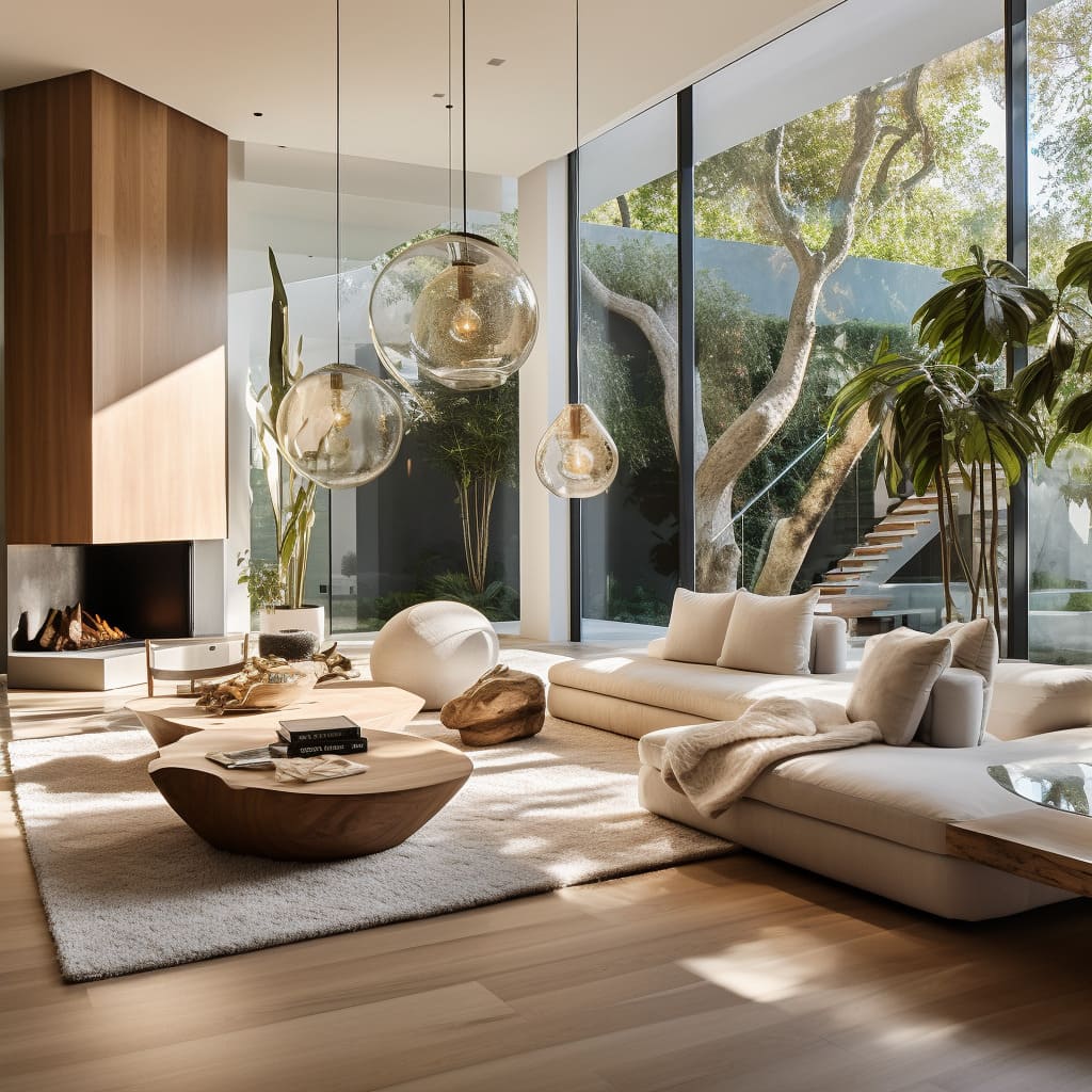 Sunlight bathes the spacious living room, where a bamboo sofa set combines comfort with sustainable style.