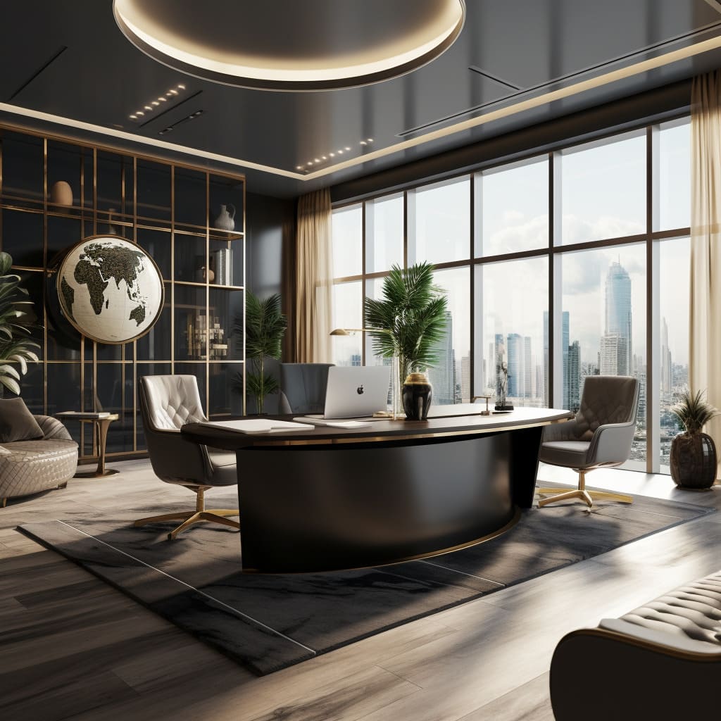 The CEO's office, with its modern art and luxury finishes, reflects a balance of power and design.