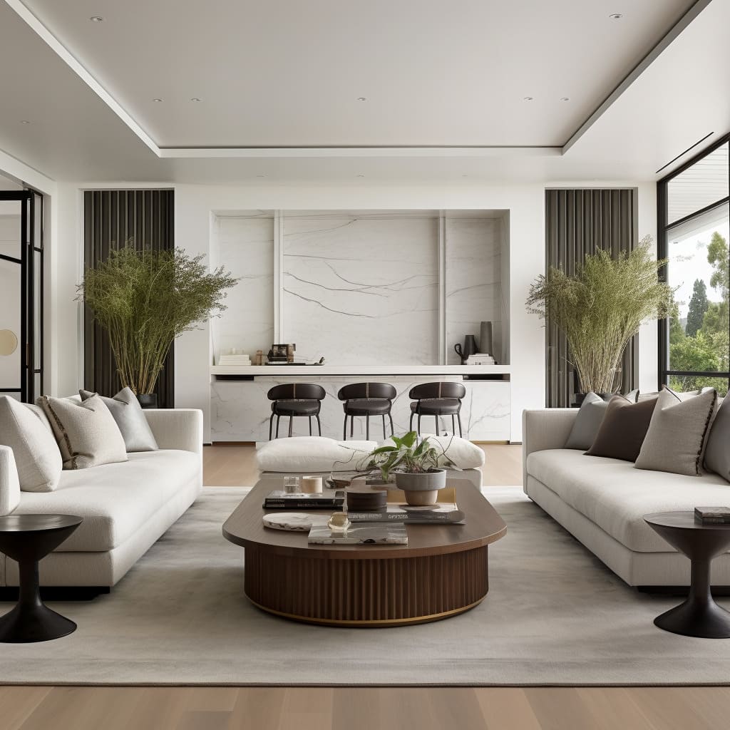 The Los Angeles style is evident in this living room with its white walls and modern accents.