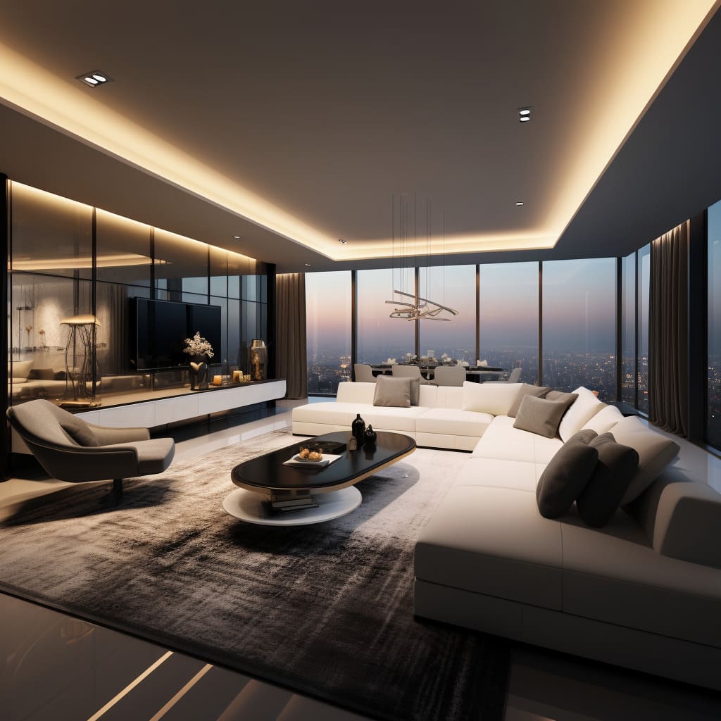 The apartment's living room blends luxury and contemporary flair, centered around a chic, L-shaped sofa.