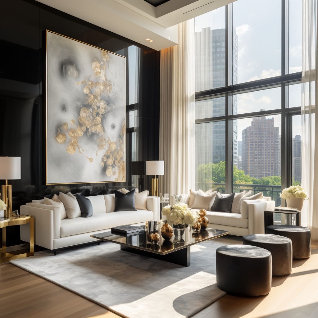 The apartment's living room features a chic, monochromatic color scheme, highlighting its sleek design.
