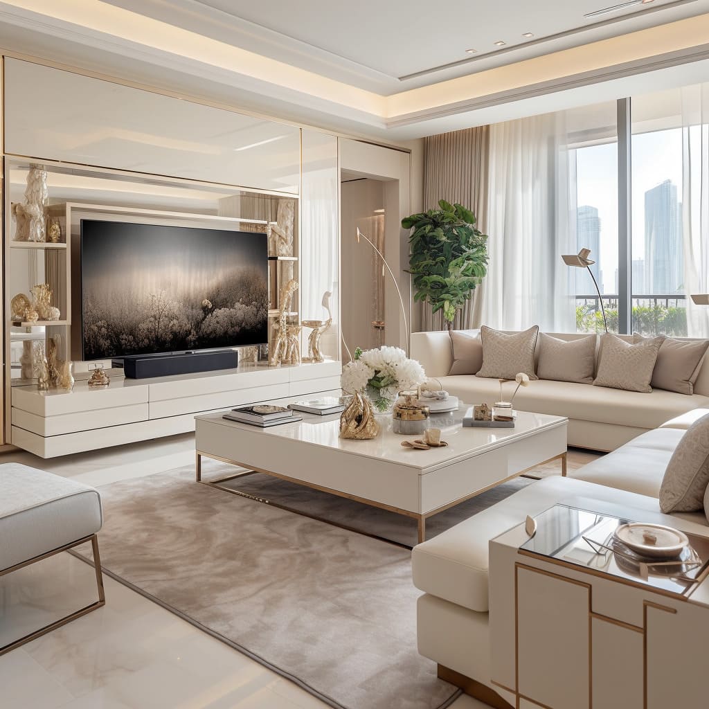 The apartment's living room features a contemporary cream-colored sofa that exudes comfort and style.