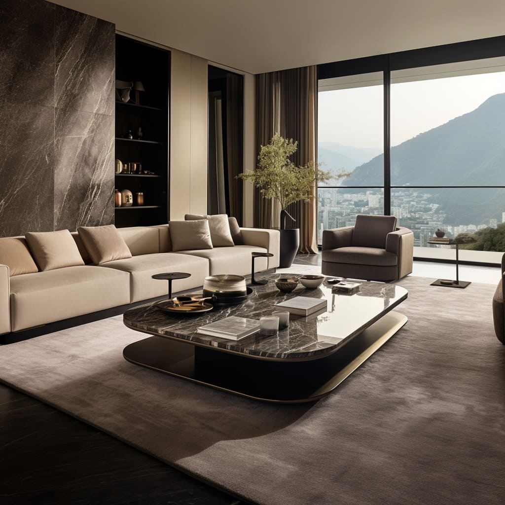 The apartment's living room reflects modern luxury with its sleek stone touches.
