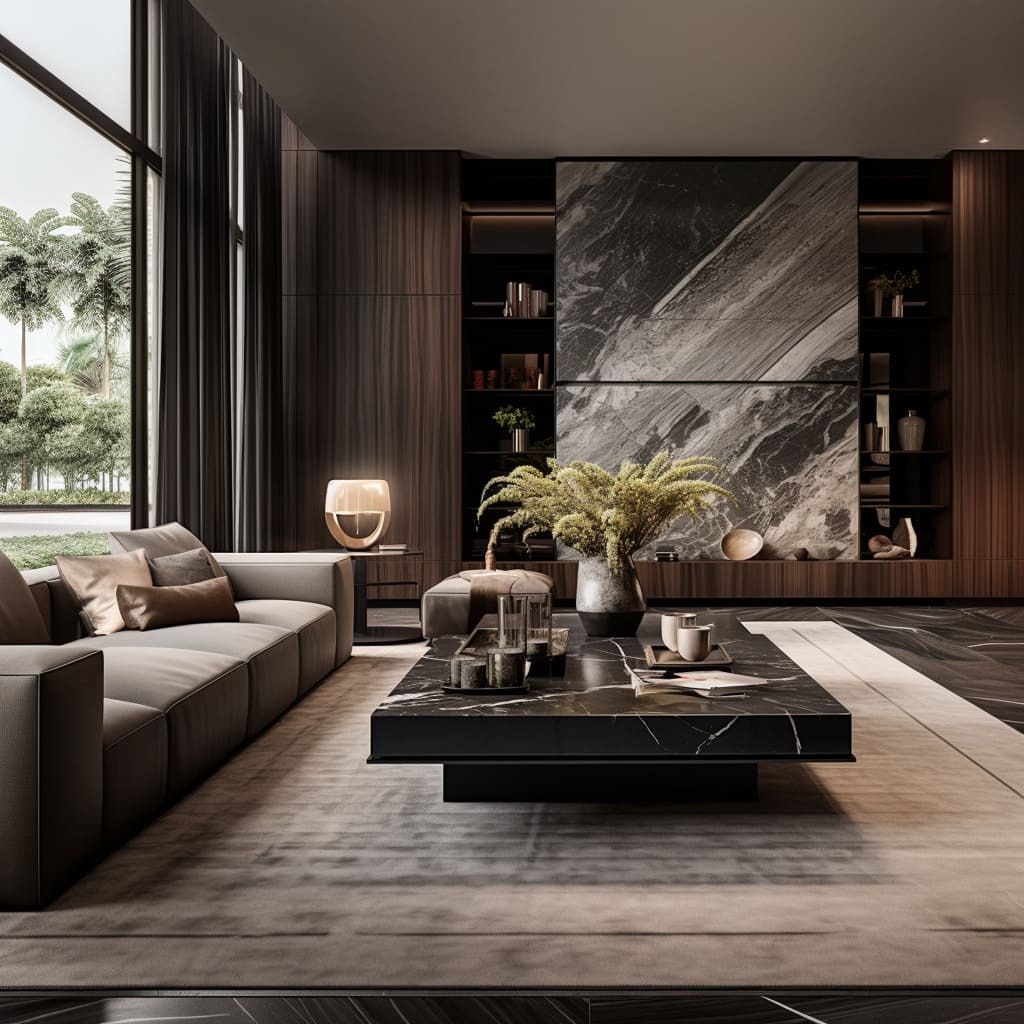 The apartment's luxury minimalist style is embodied by the sleek stone coffee table.