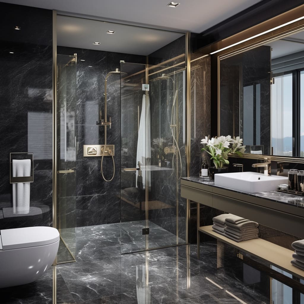 The bathroom glows with luxury, from its gleaming marble floors to the soft light fixtures.