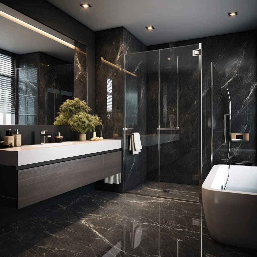 The bathroom's marble flooring reflects the sophistication of its modern interior design.