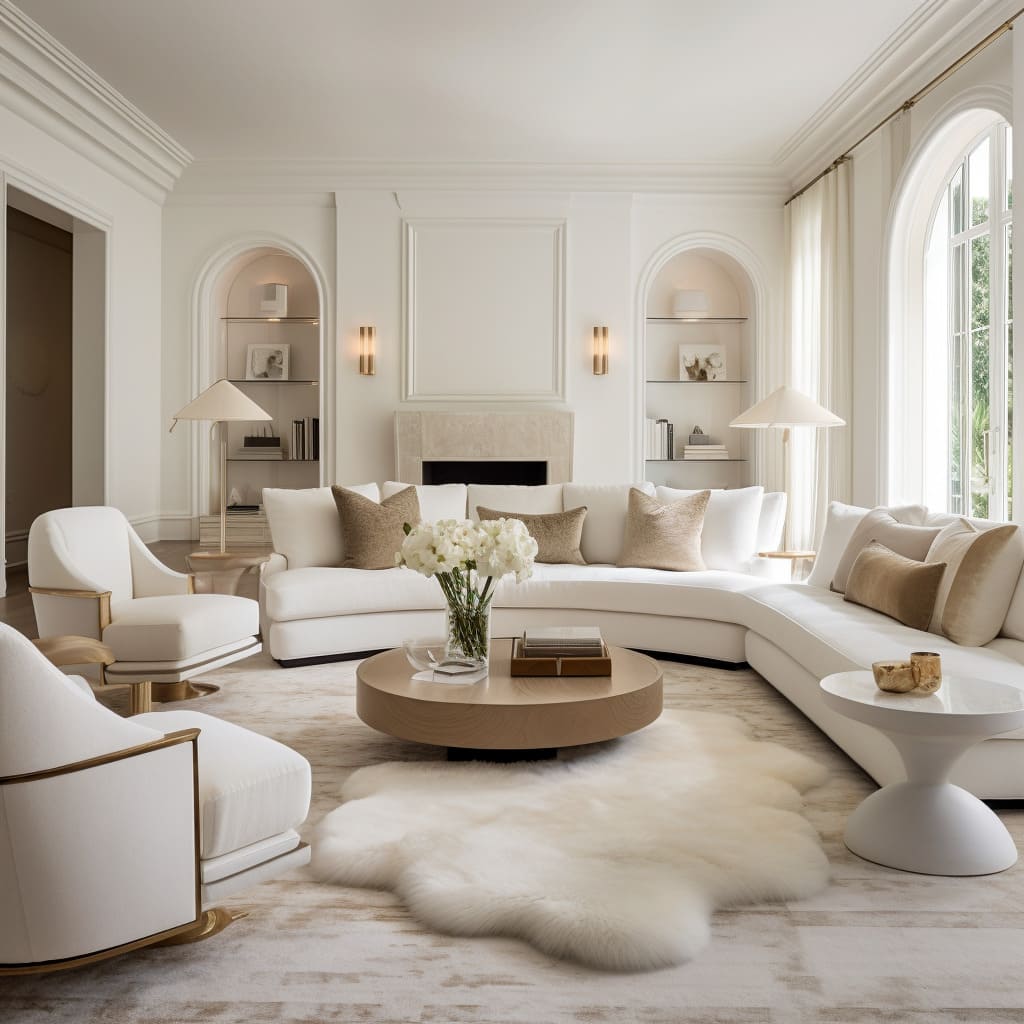 The beautiful interior design of this living room features sleek white furniture.