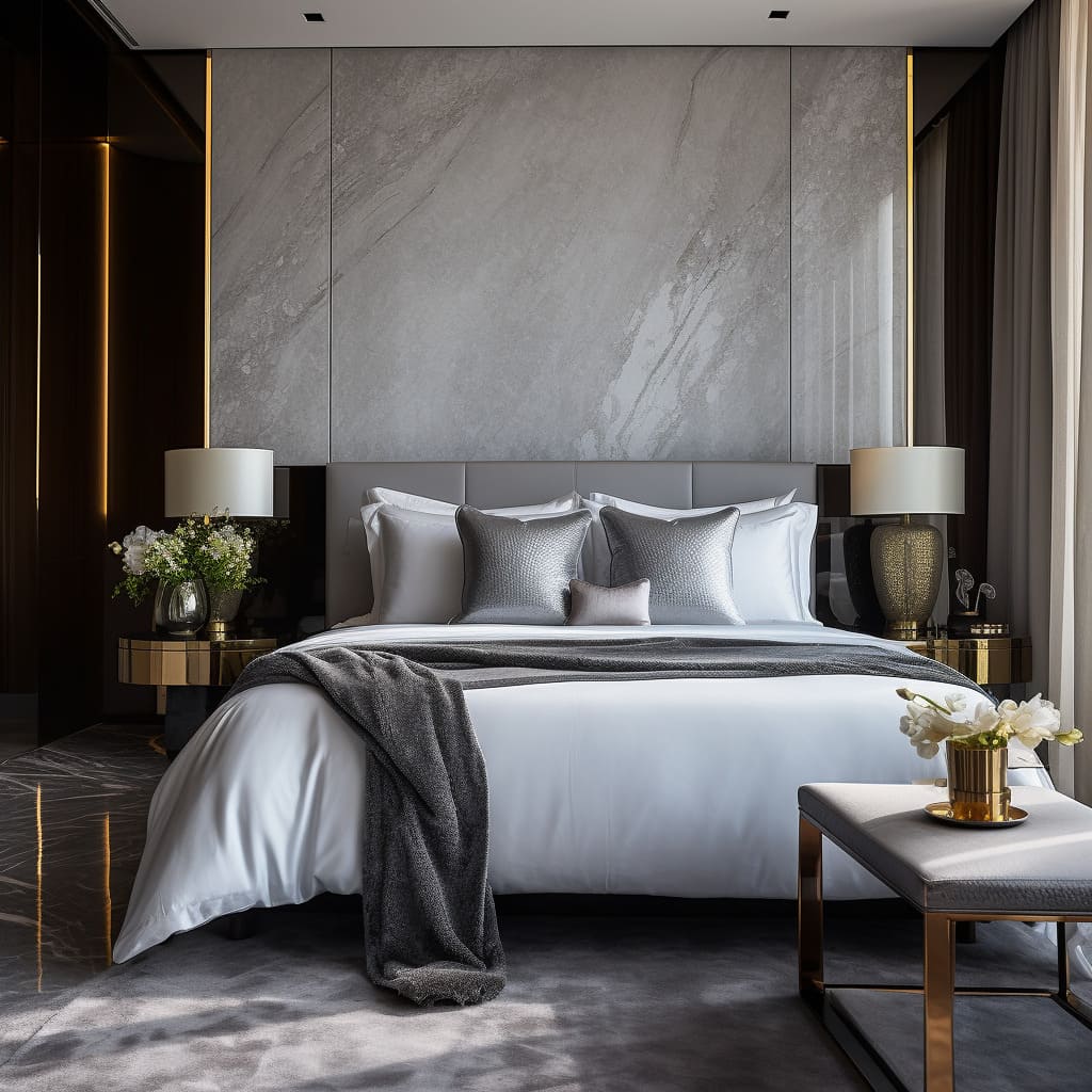 The bedroom's interior design blends traditional charm with modern sophistication.