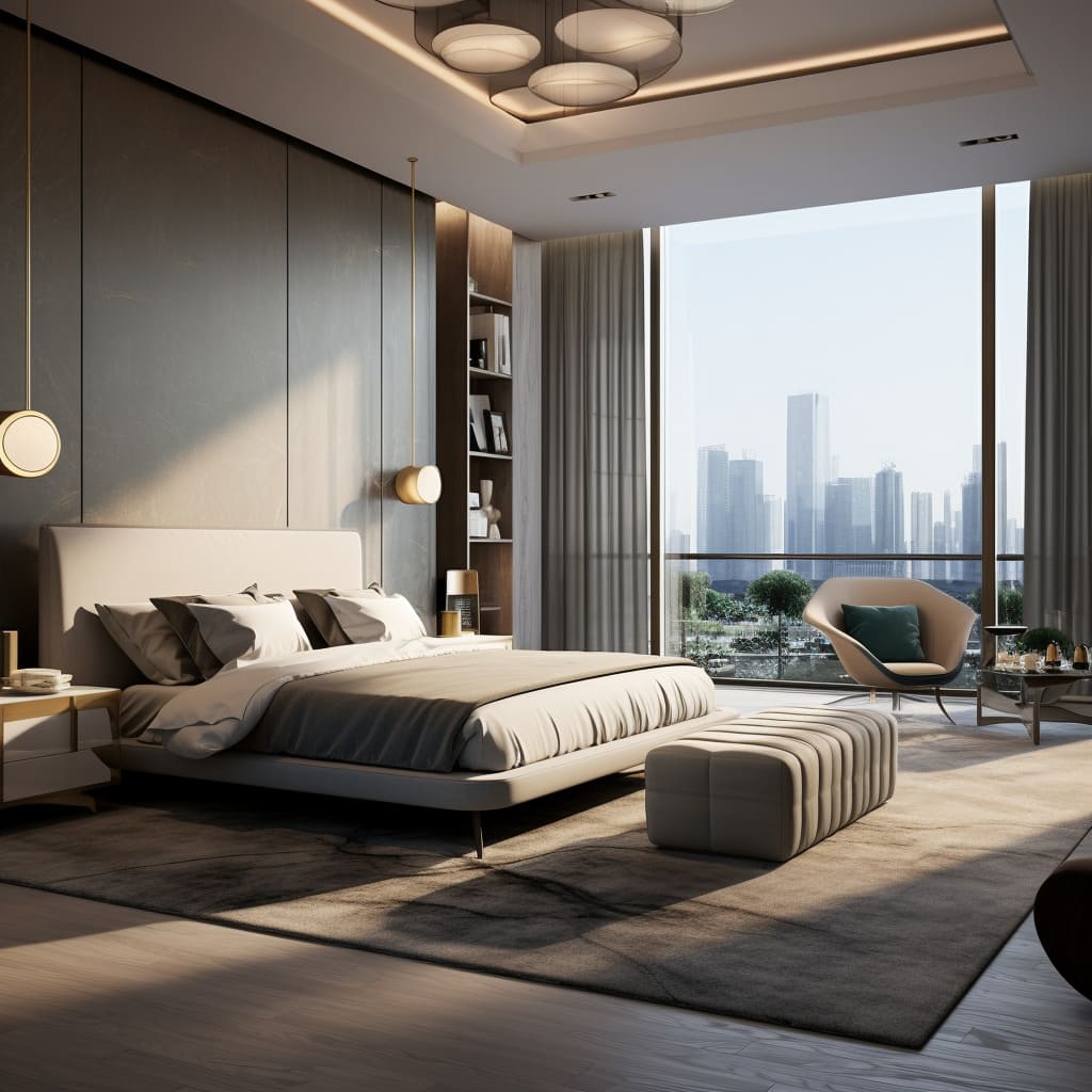 The bedroom's interior design boasts a luxury feel with its soft, ambient lighting.