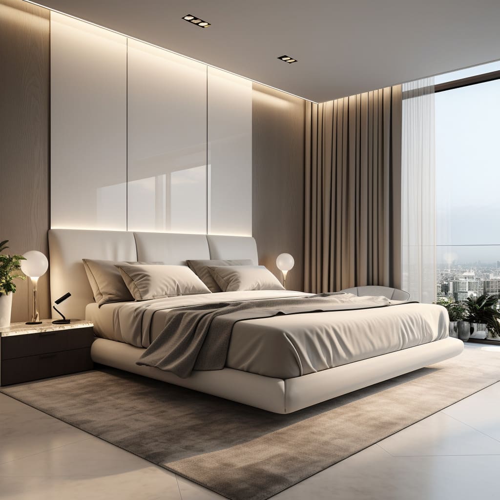 The bedroom's modern interior design is perfectly complemented by a low-profile large bed.