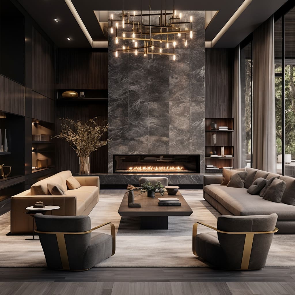 The cladding in this living room creates a perfect backdrop for designer furniture.