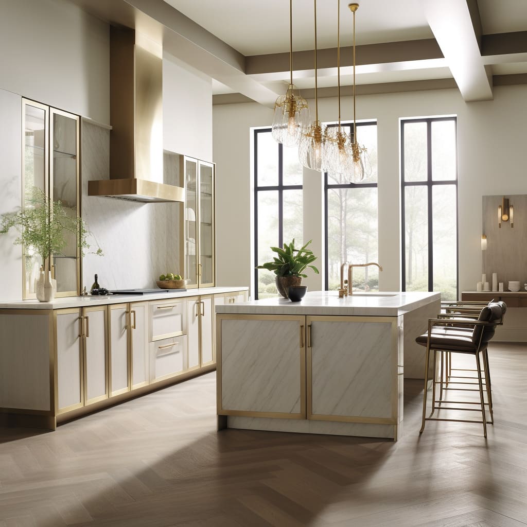 The clean, flat-panel style of the light wood cabinetry brings a contemporary edge to the transitional kitchen design.