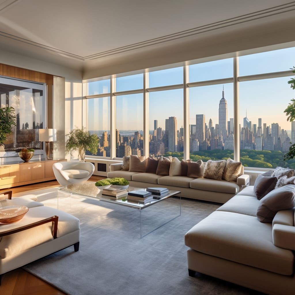 The contemporary furniture in the living room reflects a New York-style sophistication.