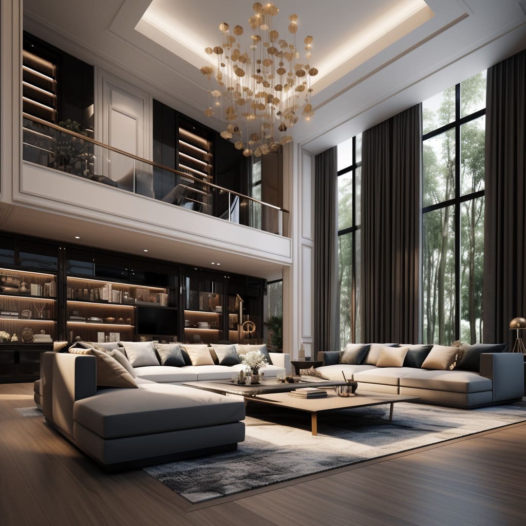 The contemporary living room showcases a sleek U-shaped sofa, embodying a modern and inviting vibe.