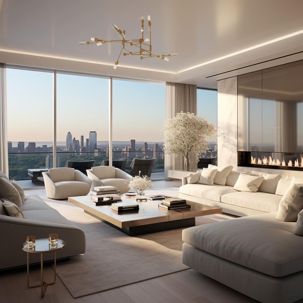 The contemporary seating arrangement in this apartment is framed by floor-to-ceiling windows and city views.