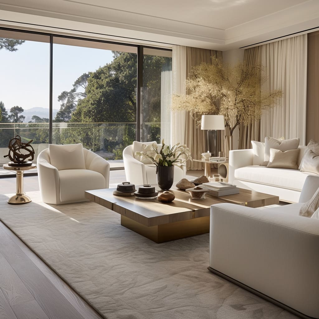 The contemporary white decor in the living room elevates the entire house.