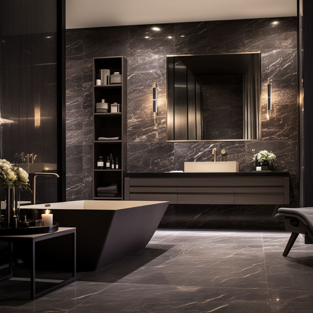 The dark tiles in this master bathroom create an intimate atmosphere that complements the modern interior design.
