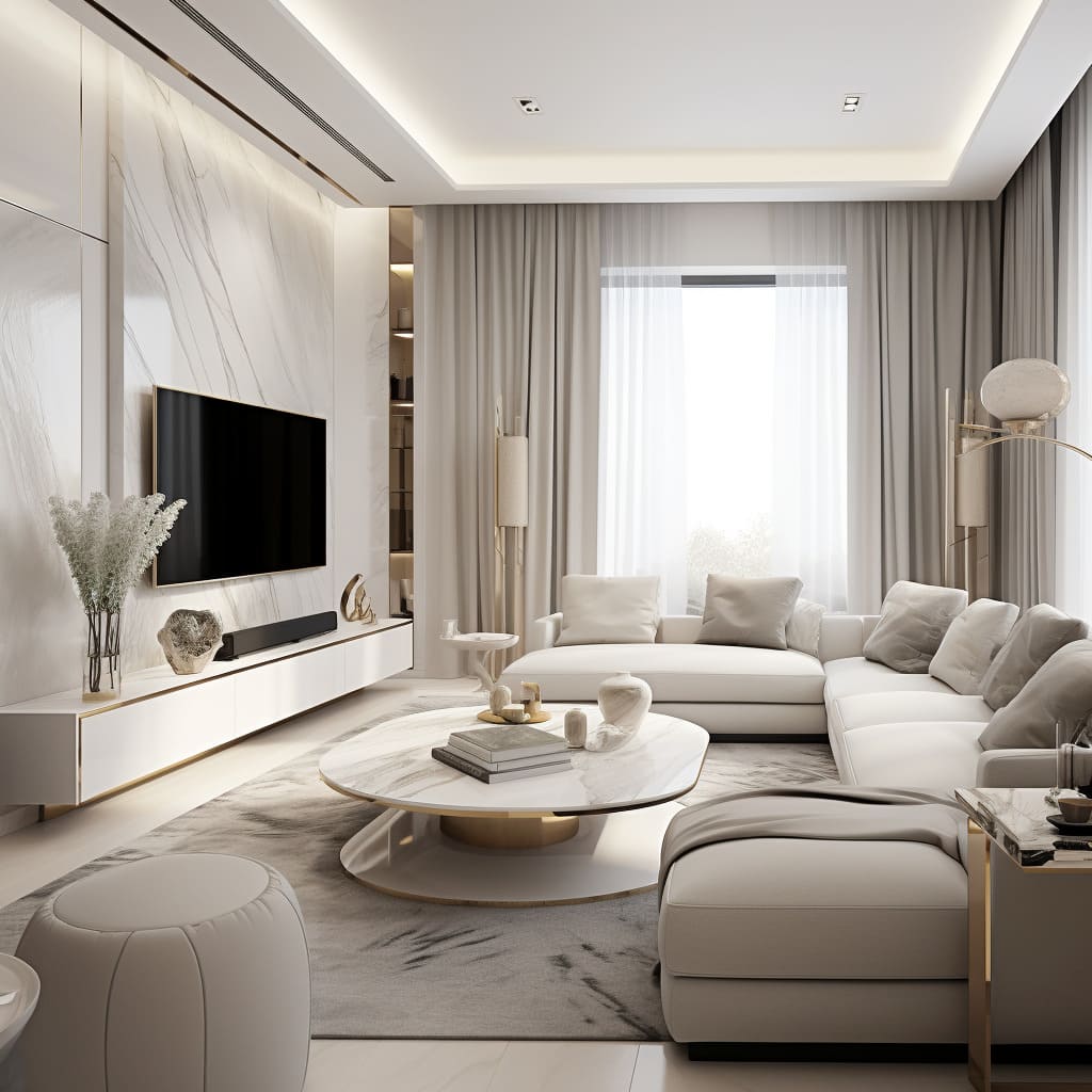 The design of this living room is marked by a luxurious yet understated L-shaped sofa, perfect for modern apartments.