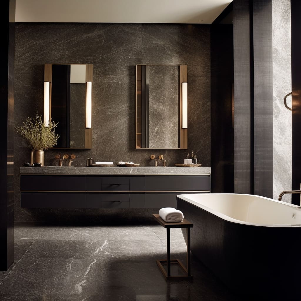 The design of this master bathroom includes a long, dark vanity that contrasts beautifully with the lighter marble floor.