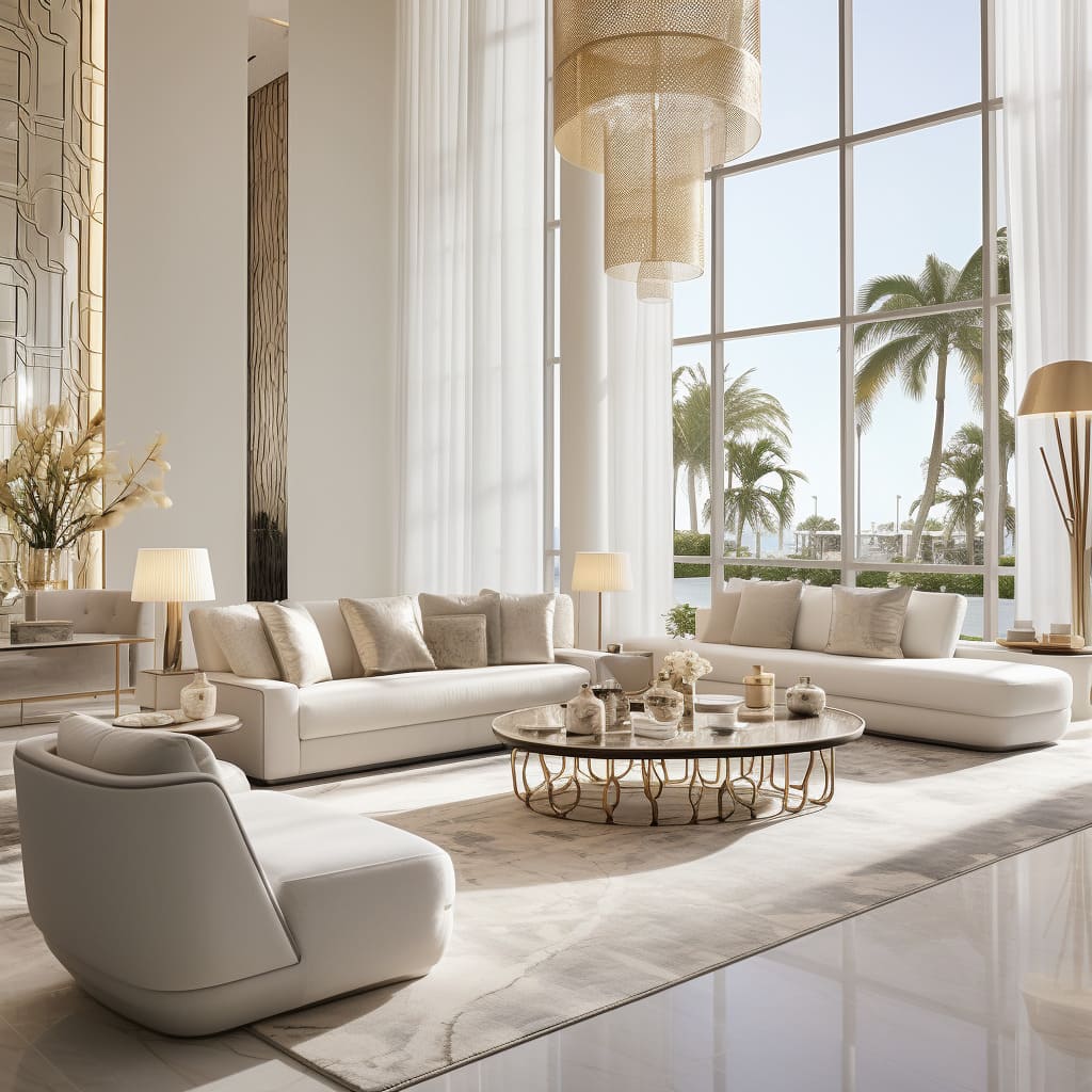 The dream home's living room dazzles with its off-white palette and plush, inviting sofas.