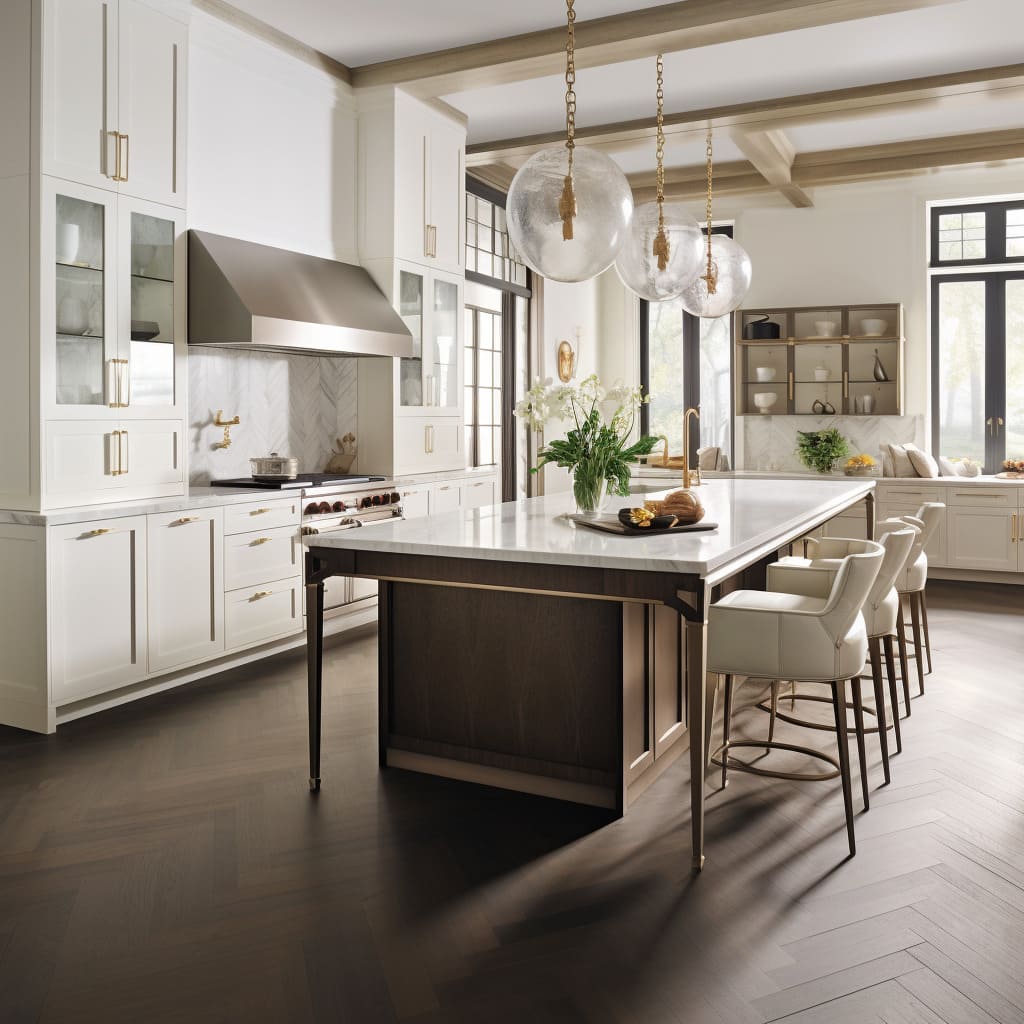 The elegant symmetry between the cabinetry and fixtures creates a serene balance, perfect for a transitional kitchen.